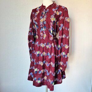 NWT Anthropologie Floral Lace-Trim Mini Dress Tie-Back Long Sleeve Burgundy